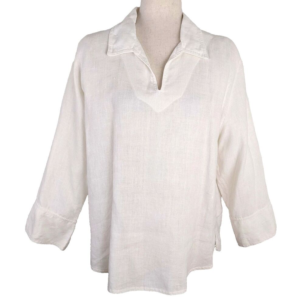 What's Up Womens SM Ivory White 100% Linen Pullover Tunic Top